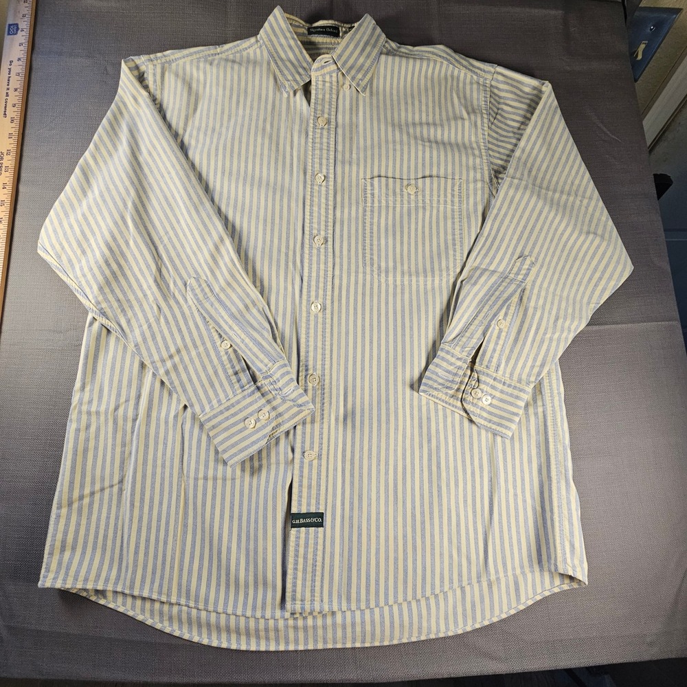 GH Bass Mens Signature Oxford Shirt Yellow Blue Striped Button Down Medium